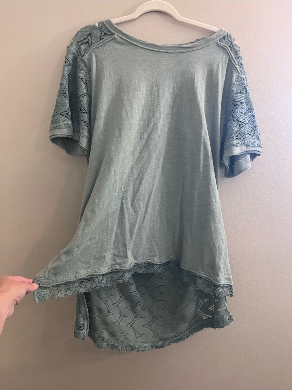 Umgee Sage Green Knit Tee with Lace Trim